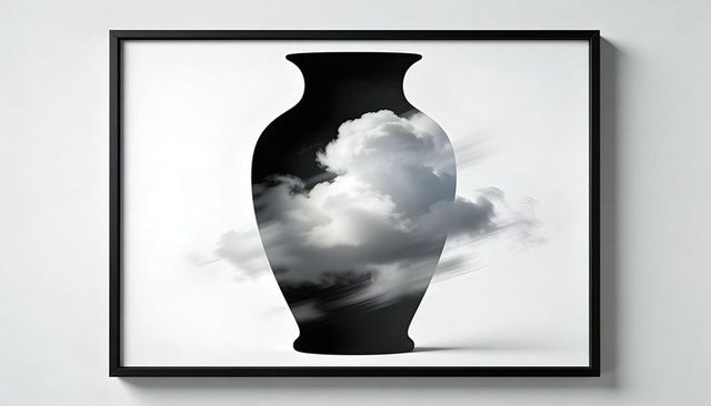 Monochrome vase silhouette with dreamy clouds inside minimalist framed wall art
