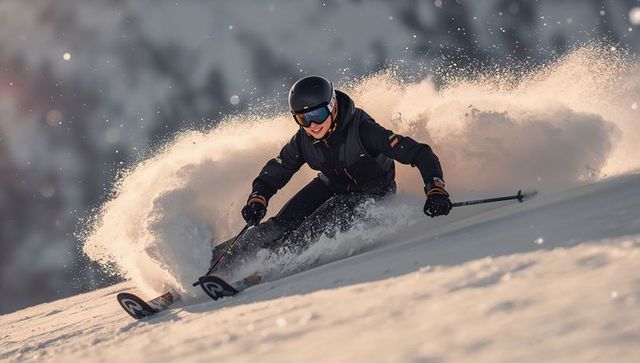 Carving skier kicking up powder on steep alpine slope during golden hour