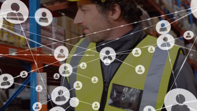 Warehouse worker wearing high-visibility gear seen amid symbolic network of connections. Represents logistics, global shipping, technology integration in supply chains. Use for content on modern logistics, digital transformation in supply chains, and smart warehousing.