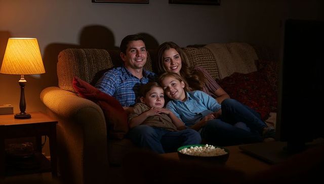 Family Relaxation Night Watching TV in Cozy Living Room