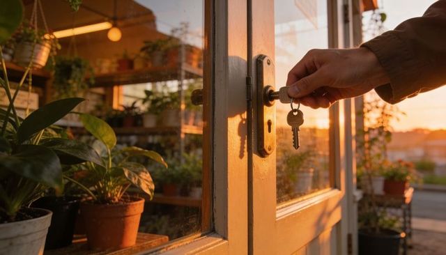 Turning key in plant shop doorway at golden hour, warm sunset light