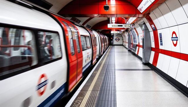 Passing london underground train speeding along tiled platform with roundels and tactile paving