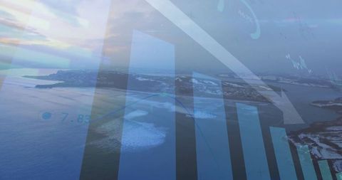 Bar Graph with Declining Trend Overlay on Coastal Landscape