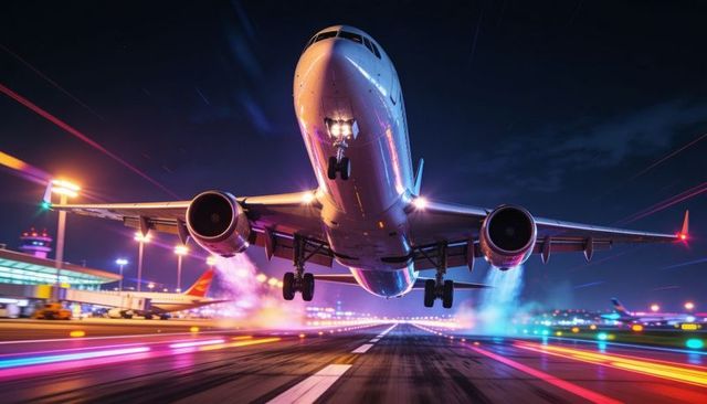 Twin-engine airliner taking off at night with neon runway light trails and reflections