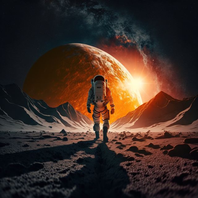 Astronaut in space suit walking on barren terrain of an alien planet with dramatic sunset and mountainous backdrop. Ideal for use in sci-fi novels, movie posters, futuristic adventure concepts, and space exploration promotions.