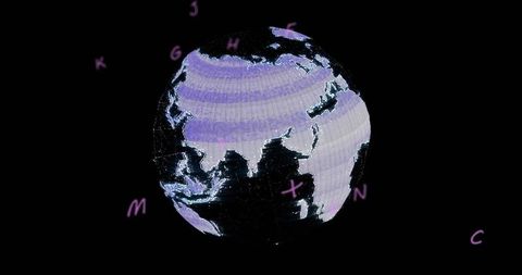 Holographic digital globe showing asia pacific and africa with neon scanlines and data