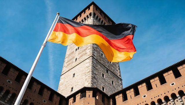 German flag fluttering over historic castle tower with parapets in sunny blue sky courtyard