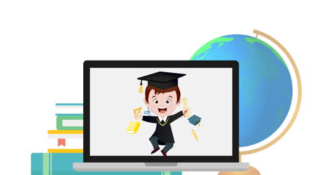 Animated Student Wearing Graduation Cap on Laptop Screen