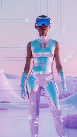 Woman pivoting and scanning in VR chrome suit with activating circuits vertical video