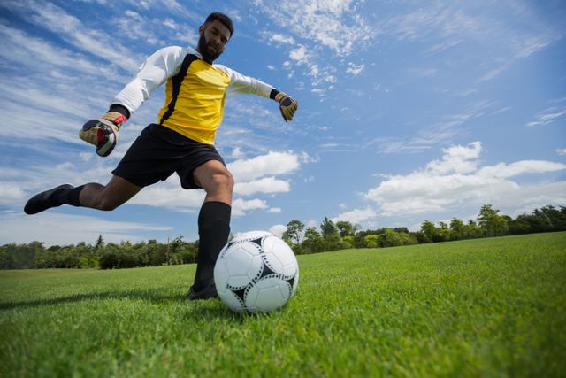 Goalkeeper in action kicking a soccer ball on a bright sunny day. Ideal for sports-related content, athletic training materials, soccer promotions, and outdoor activity advertisements.