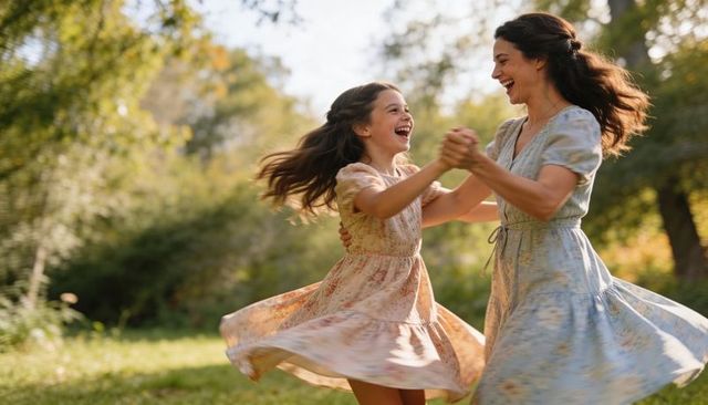 Mother and daughter twirling in sunlit meadow wearing floral dresses, joyful family moment