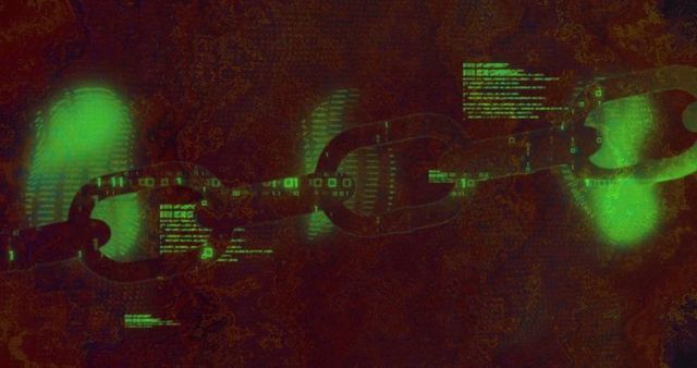 Futuristic blockchain concept with digital chain links and binary code