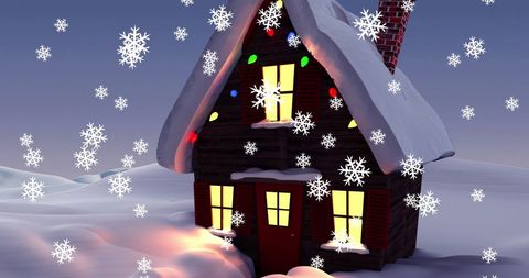 Cozy snow-covered house with festive lights and falling snowflakes