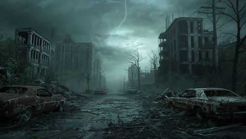 Post-Apocalyptic Urban Street with Abandoned Cars