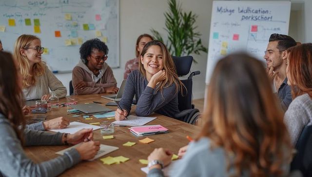 Woman in wheelchair leading diverse team brainstorming and planning session around table