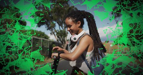 Woman Engaged with Smartwatch Outdoor Surrounded by Futuristic Green Lines - Download Free Stock Images Pikwizard.com