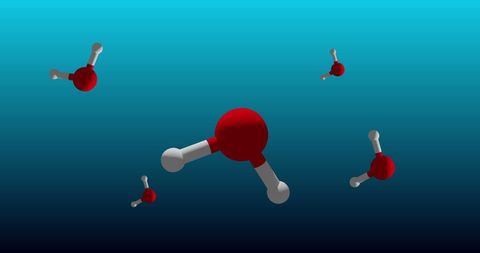 Rotating molecules on blue background, scientific visualization