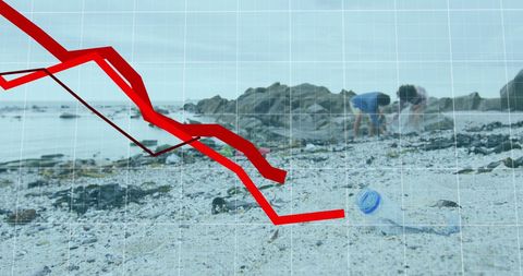 Couple cleaning beach with graphing overlay implying environmental impact