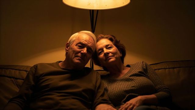 Senior couple leaning together on sofa under warm lamp light showing intimate companionship