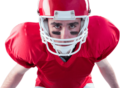 Serious american football player in transparent helmet