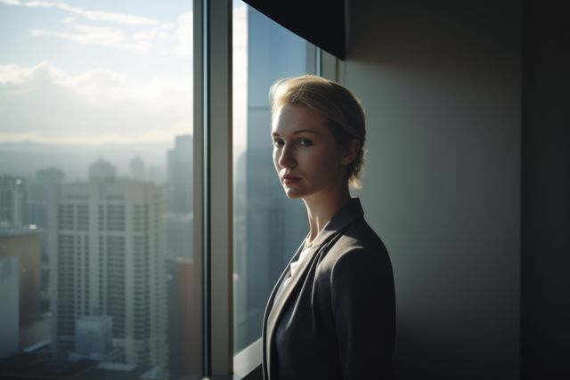 Portrait of caucasian businesswoman by office window, created using generative ai technology. Portrait, office workplace and business concept digitally generated image.