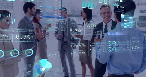 Executives networking in office lounge, holding drinks and tablet viewing data overlays