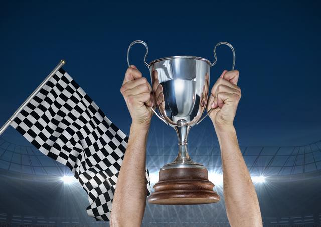 Athlete raising trophy in illuminated stadium, signifying achievement and victory. Checkered flag represents winning a race or competition, ideal for motivational content, sports-related materials, or advertisements celebrating success and triumph.