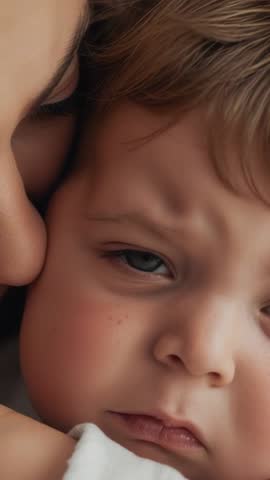 Mother Pressing Cheek Comforting Toddler in Bed, Intimate Maternal Bonding Vertical Video