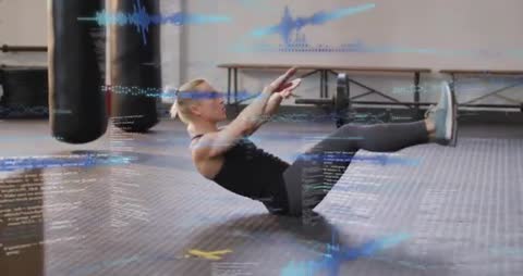Woman Engaging Core with Virtual Fitness Guide V-Sit Exercise