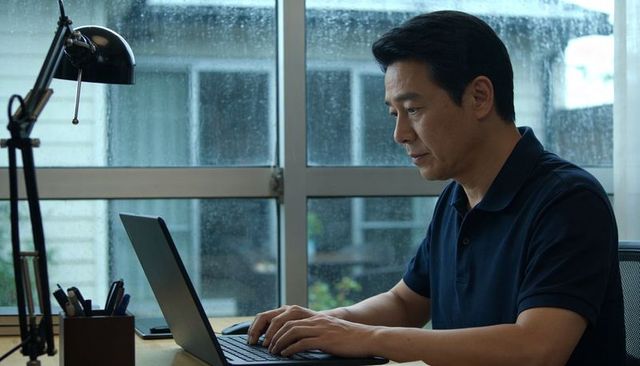 Middle-aged asian man working on laptop by rain-speckled window, focused home office