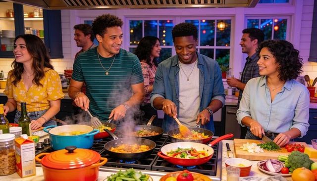 Friends cooking together on kitchen island stirring pans chopping vegetables sharing wine