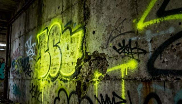 Neon yellow-green graffiti lighting cracked concrete wall in abandoned industrial ruins