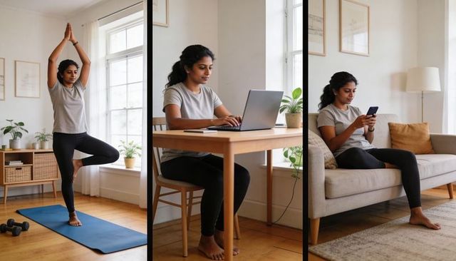 Practicing yoga, working remotely and relaxing on sofa in minimalist sunlit living room