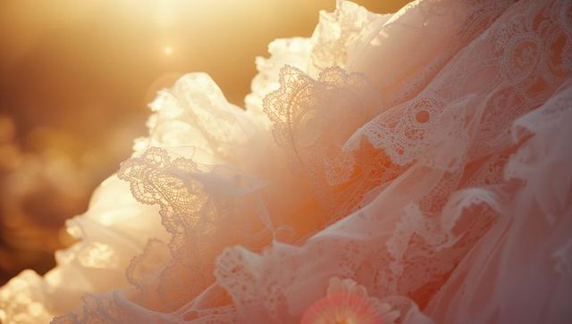 Elegant white lace fabric shimmering in golden glow