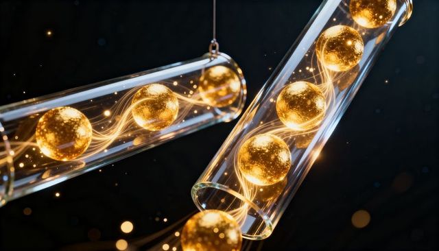 Suspended glass tubes holding glowing golden orbs with flowing light trails and spark reflections