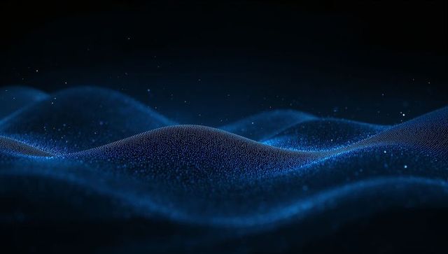 Glowing blue particle waves rolling across dark digital void, abstract tech landscape