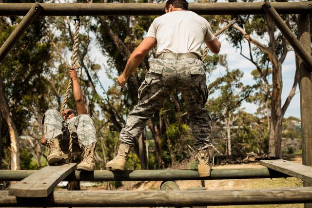 Military soldiers actively training on a rope climbing course at boot camp. They demonstrate teamwork, resilience, and physical fitness in an outdoor setting. This can be used to illustrate themes of military training, teamwork, physical fitness, and outdoor activities.