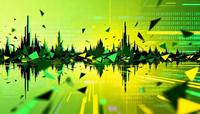 Neon green geometric skyline waveform reflecting binary code in futuristic grid