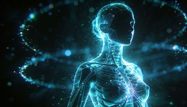 Futuristic Holographic Female Anatomy Model Revealing Skeleton and Neural Network