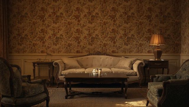 Opulent vintage sitting room with tufted cream sofa