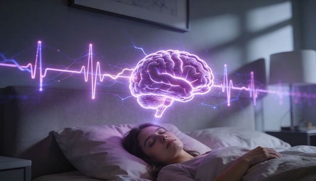 Neon brain hologram above sleeping woman with pulsing ecg waveform nighttime neural visualization