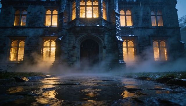 Glowing gothic manor reflecting warm mullioned light in rainy misty night courtyard