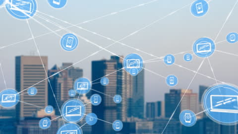 Digital Network Icons Interconnecting Urban Cityscape Background