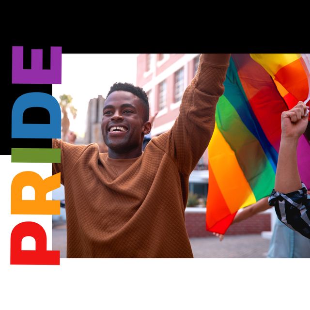 Pride Celebration with Rainbow Flag and Young African American Man - Download Free Stock Templates Pikwizard.com