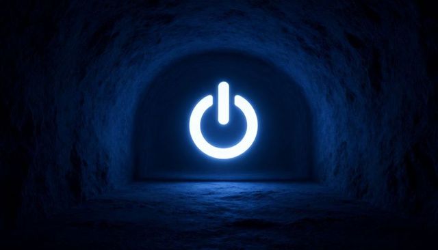 Glowing neon blue power symbol floating in arched subterranean tunnel casting blue light