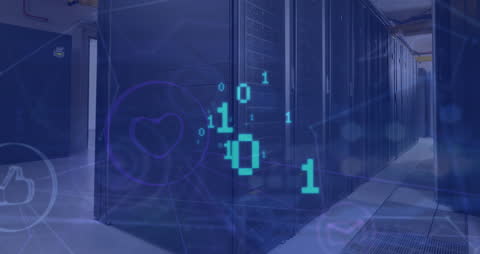 Digital Interface Over Server Room with Data Processing Animation