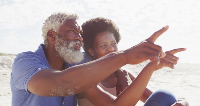 Happy older couple relaxing on beach pointing toward horizon - Download Free Stock Images Pikwizard.com