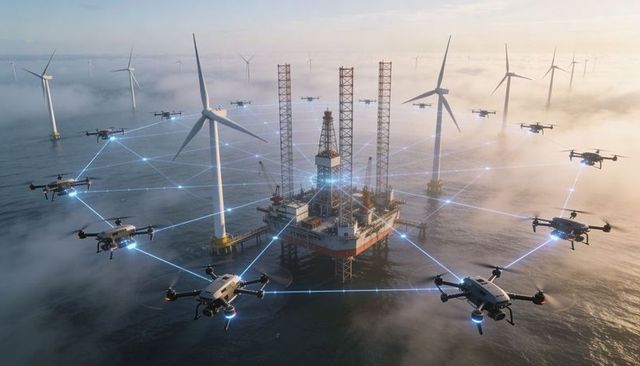 Autonomous Drones Forming Mesh Network Around Offshore Platform and Wind Turbines at Dawn