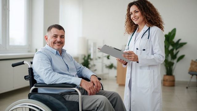 Smiling female doctor consulting with middle-aged man in wheelchair in bright clinic room