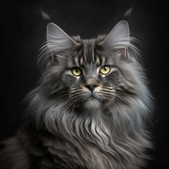 Maine Coon cat sits calmly with a serious expression, showcasing its long, fluffy fur and prominent whiskers under sophisticated studio lighting. Suitable for pet care articles, animal-related blogs, or for framing as home décor for cat lovers.